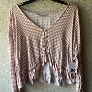 Women's SO Checkered Button Down Flounce Crop | Blush | Size L & XL Available
